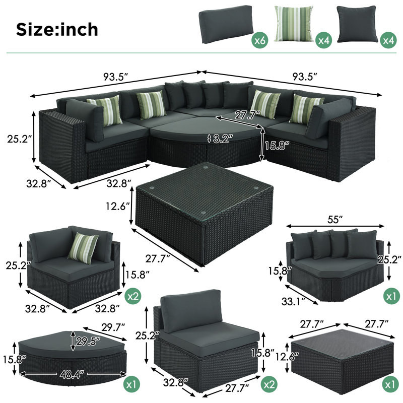 7-Piece Outdoor Wicker Sectional Sofa Set, Rattan Patio Conversation Sectional Sofa Set with Colorful Pillows for Patio, Garden, Deck