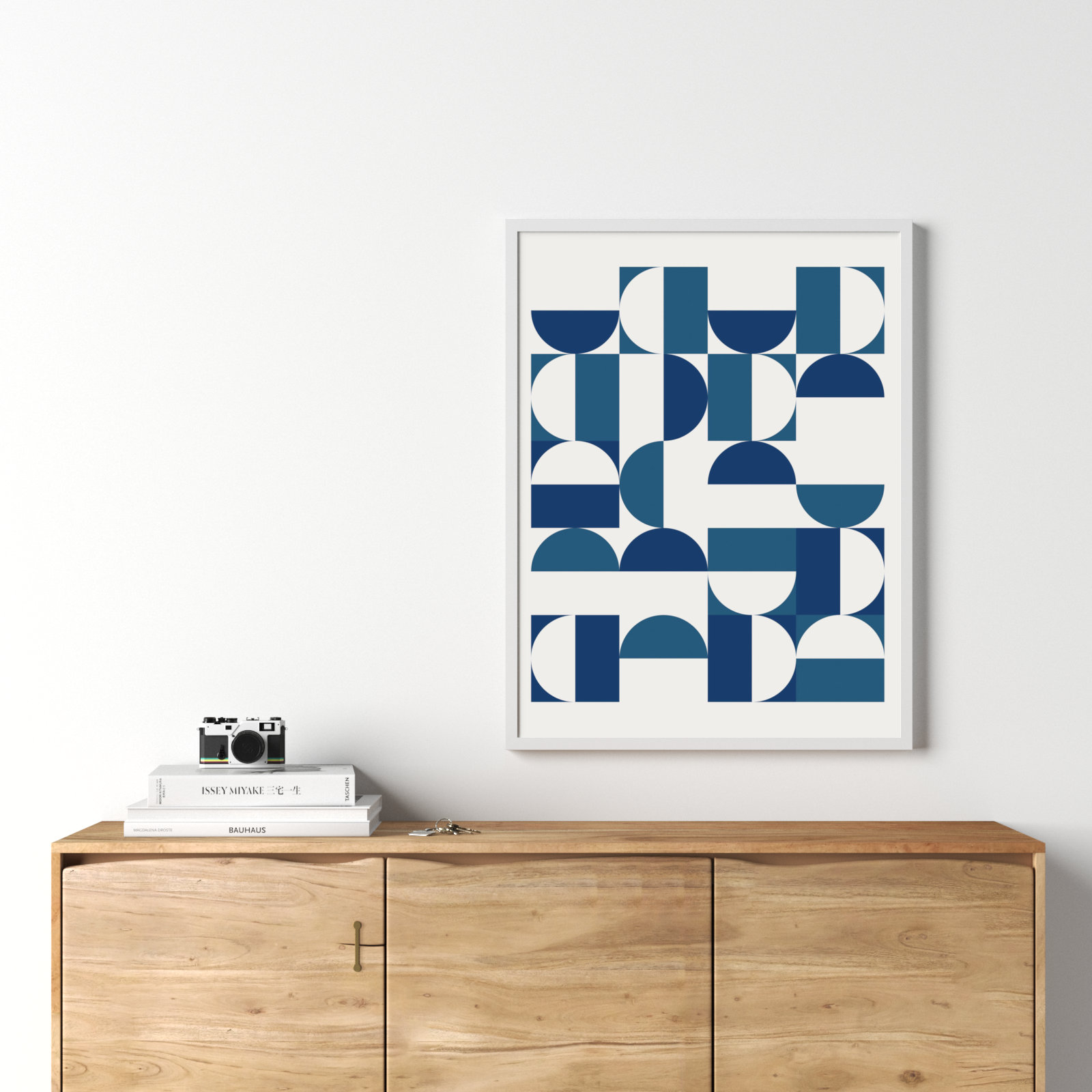Bauhaus Geometric Blue and Teal Print, White, 33" H x 25" W x 1" D