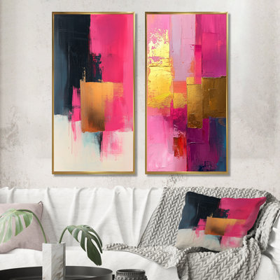 Blakc And Pink Meet In Dream III - Minimalism Line Wall Art 2 Pieces Set
