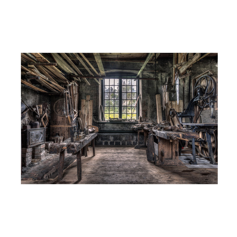 L'atelier de charpentier sur toile, art audacieux, L 32 po x H 22 po