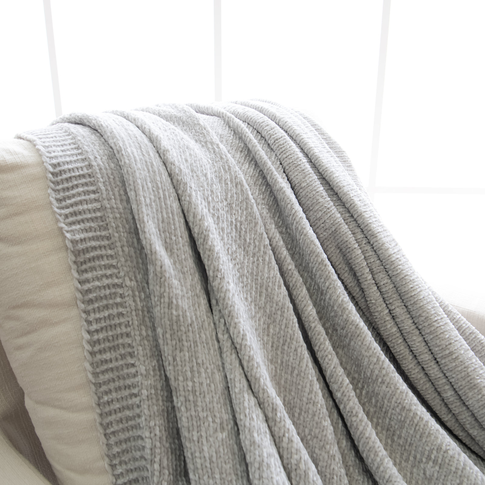 Jaz Knitted Throw Blanket, Light Gray