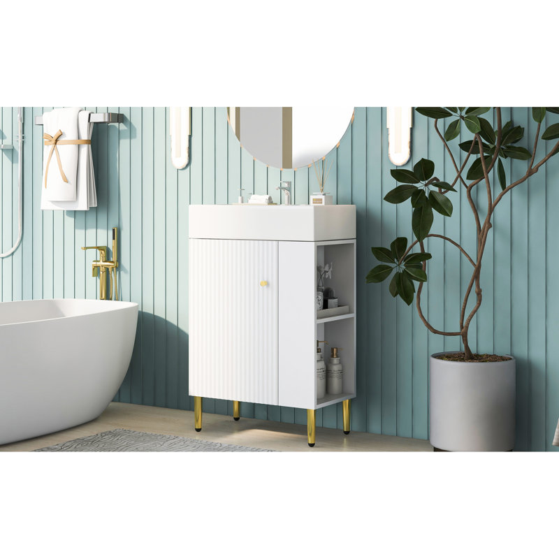 Armoire de salle de bain de 21,6 po avec lavabo en céramique, étagère à droite, porte à fermeture en douceur, meuble-lavabo moderne blanc et option de rangement