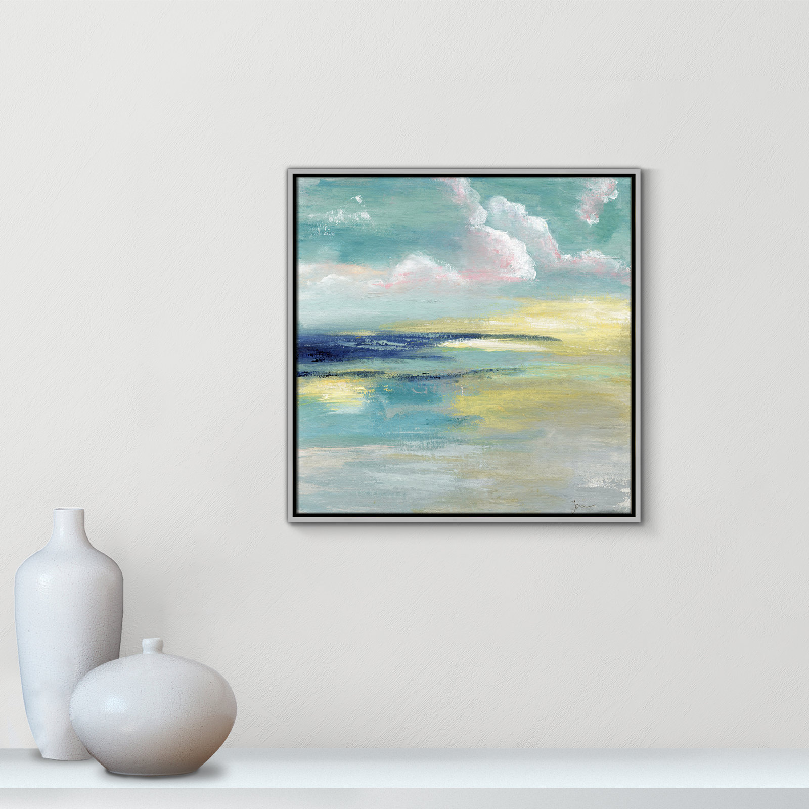 Bertie "Ocean View" Painting by Tava Studios, Silver Framed Canvas, 25.5" H x 25.5" W x 2" D