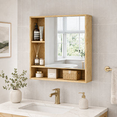 Wall-mounted single-door mirrored bathroom storage cabinet, supports wall installation, suitable for various spaces such as bathroom, living room, and entryway. Natural color.