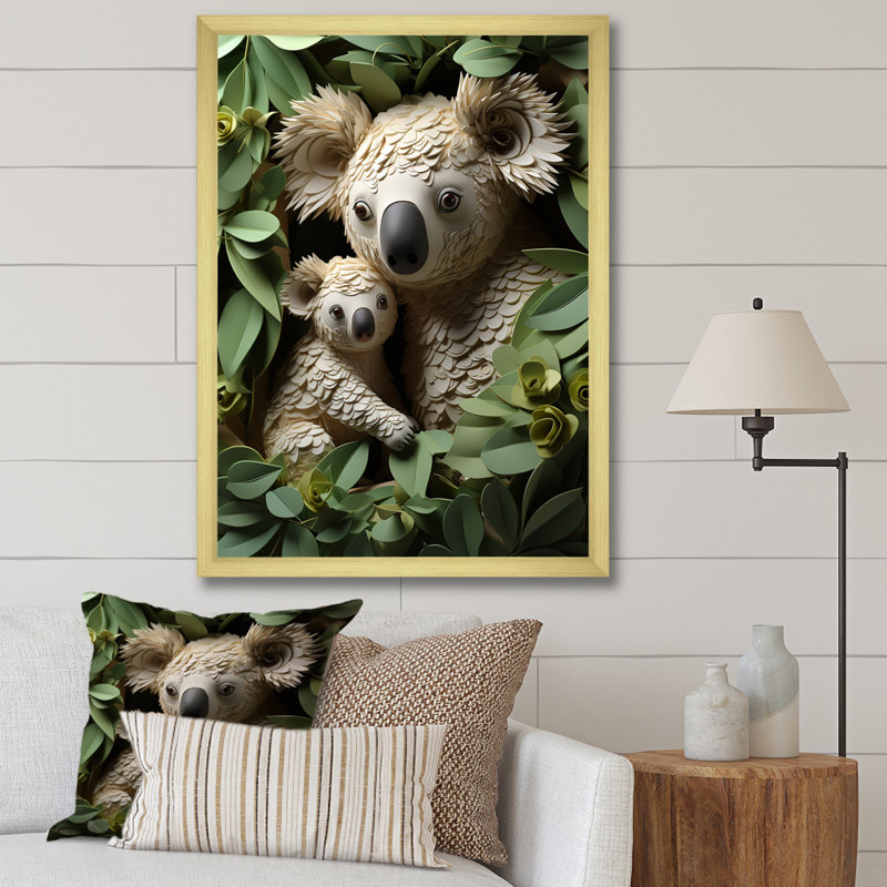 Cuddly Koala Family - Koala Animal, art mural, Cadre doré simple, H 32 po x l 16 po x P 1 po