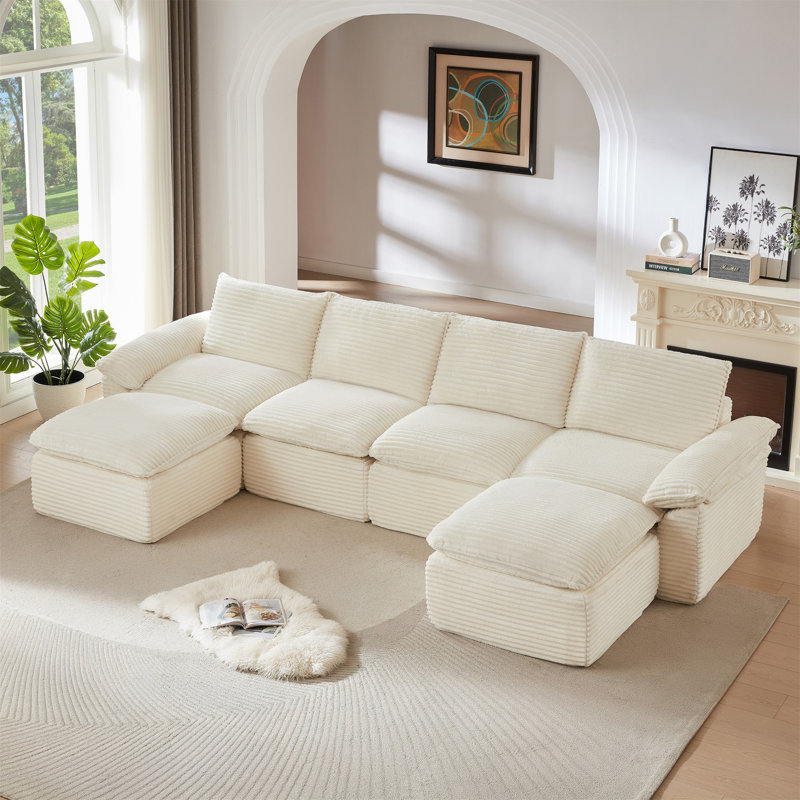 Canapé moderne Cloud, Velours côtelé blanc, H 35,43 po x l 141,74 po x P 70,07 po