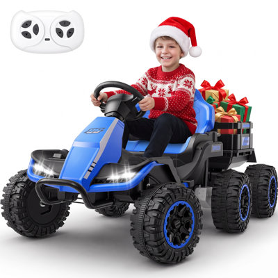 Alex 24V 6 roues sur tracteur avec remorque amovible, télécommande pour les parents, véhicules électriques pour enfants sur UTV, moteurs 2x100W, pneus EVA, télécommande, Bluetooth, musique, 2 vitesses, cadeau