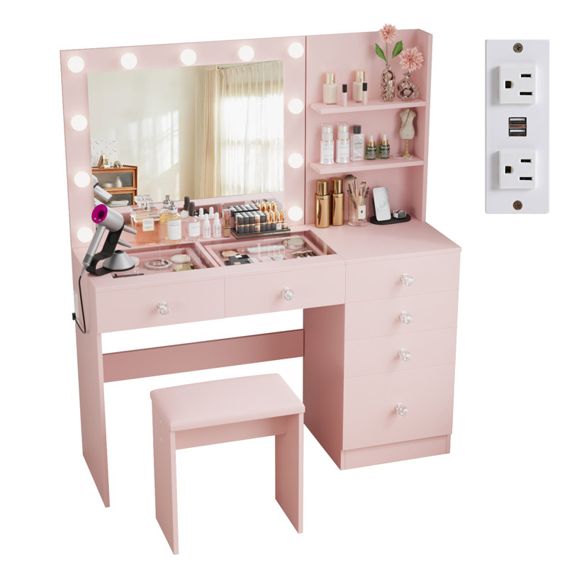 Ensemble de coiffeuse avec miroir lumineux, table de coiffeuse et bureau en verre pour chambre à coucher, Rose