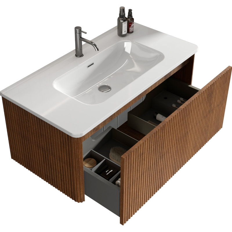 Ensemble de meuble-lavabo mural flottant rayé 36 po avec lavabo en céramique blanche Etna, Brun