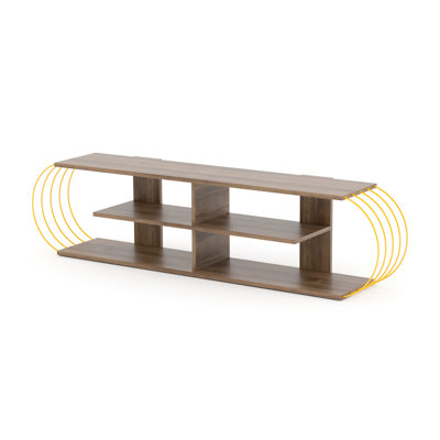 Meuble télé Mid-Century moderne avec rangement ouvert, centre de divertissement 68 po en noyer / jaune, 4 tablettes en bois massif