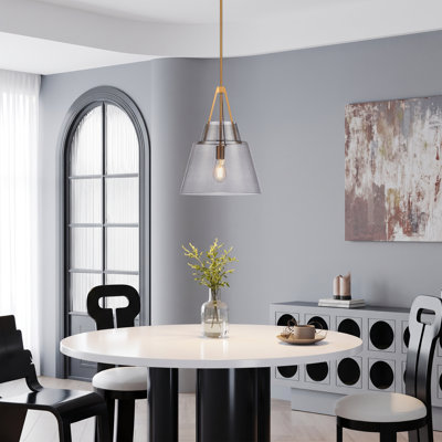 1-Light Brushed Brass Glass Single Pendant Light With Gray Cone Shade And Adjustable Downrod