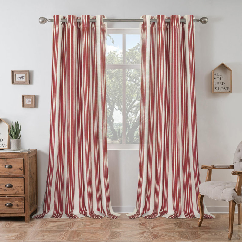 Semi Sheer Grommet Linen Chris Stripe Patterned Curtains, 52" W x 84" L, Red