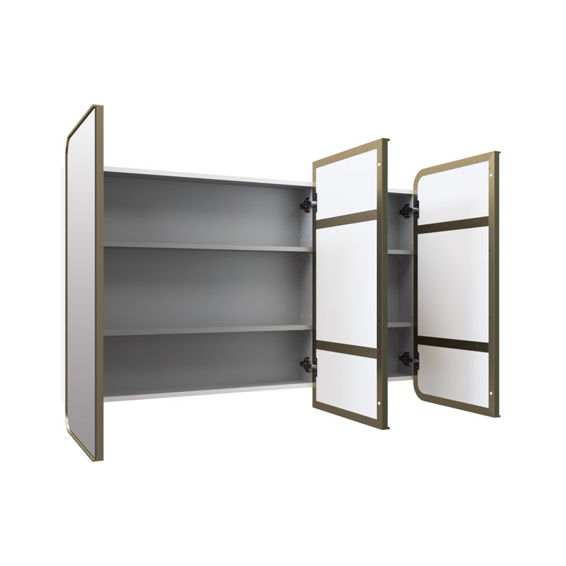 Three Door Steel Frame Square Shape Medicine Cabinet, Satin Brass