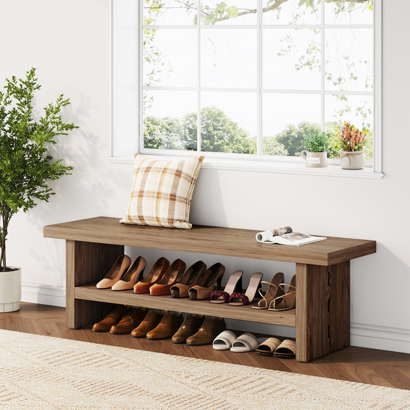 47.24" MDF Wood Shoe Bench, 2-Tier Wooden Entryway Bench, Modern Shoe Rack, Brown
