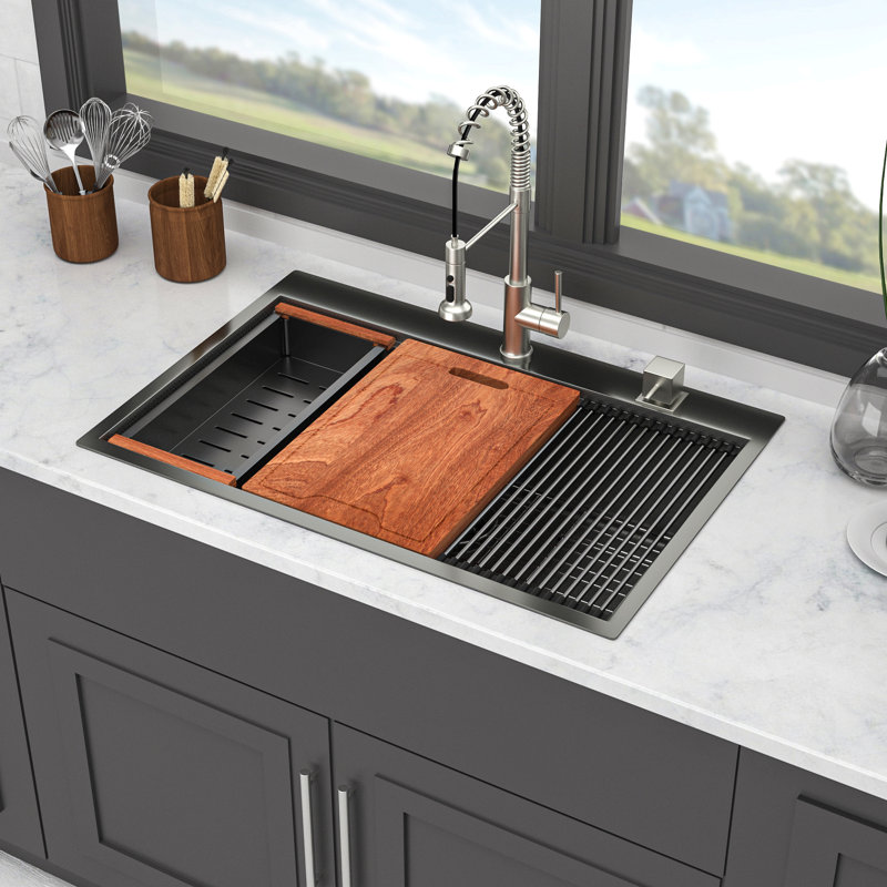 Évier de cuisine à montage sur plan 33 po - Évier de cuisine noir en acier inoxydable à cuve simple encastrable 16 po