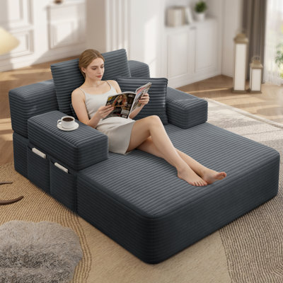 48.5''W Corduroy Chaise Lounge Convertible Sofa Bed With Storage Pocket And 4 Pillows For Small Spaces, Living Room, Apartment