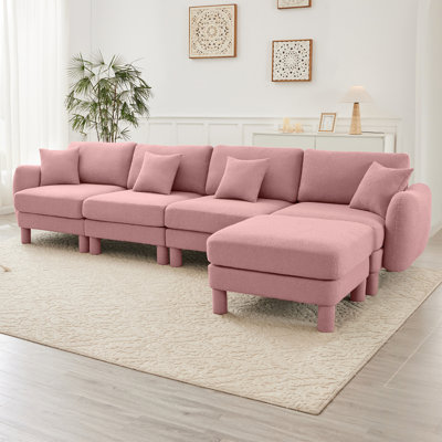 Boucle Fabric Convertible L Shape Sectional 4-seater Sofa Couch With Distinctive Shell-shaped Armrests And Removable Ottoman,Cylindrical Legs Wrapped with Self-fabric