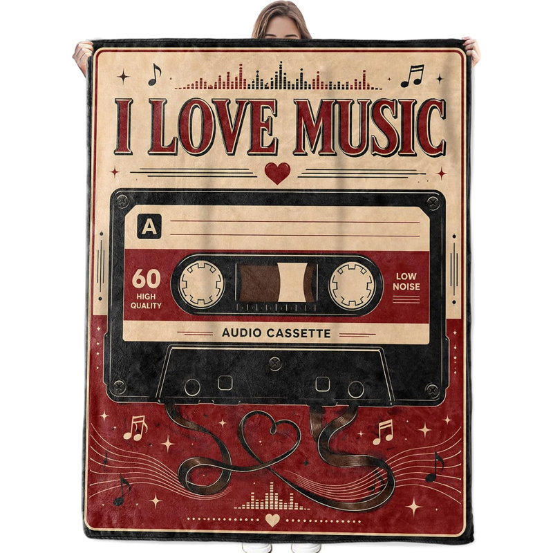 Couverture musicale rétro en flanelle avec motif de cassettes audio, 127 x 152 cm, L 9,84 po x l 14,96 po