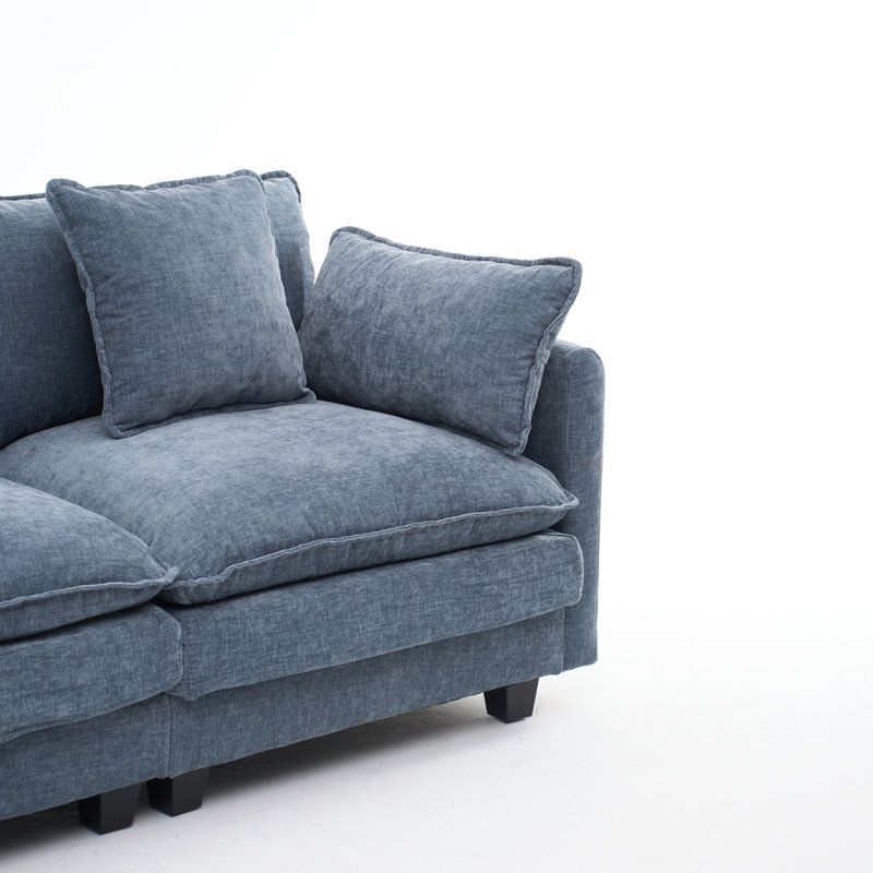 Blue Color  3-Seat Combo Sofa With Storage Ottoman For Living Room Apartment Bedroom And Compact Room, Upholstered Sectional Couch, L Shaped Bench With Ottoman