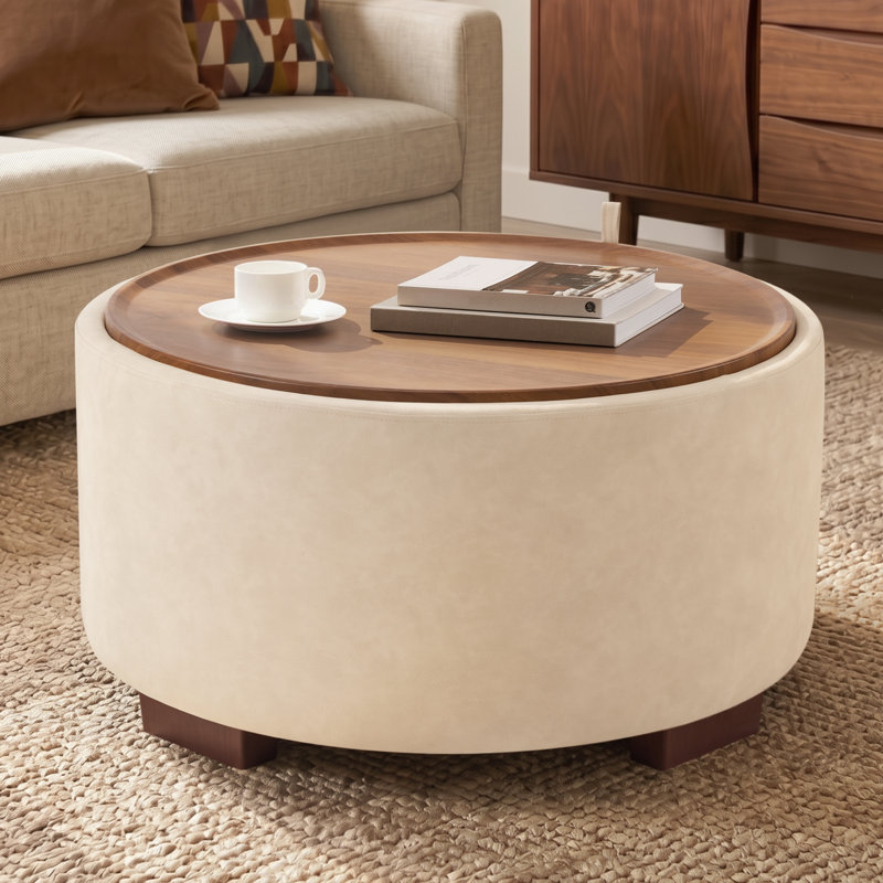 30" Wood Tray Top Coffee Table With Storage, Beige