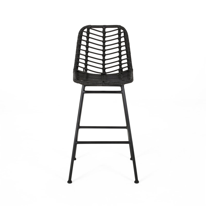 Gray and Black Wicker Outdoor Barstools with Iron Frame, Set of 2