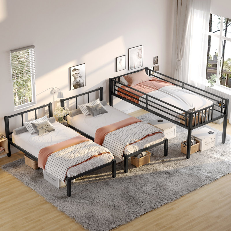 Twin XL Over Twin Over Twin Metal Triple Bunk Bed for 3, Black Space-Saving Frame with Guardrails and Ladders for Kids, Teens, Adults