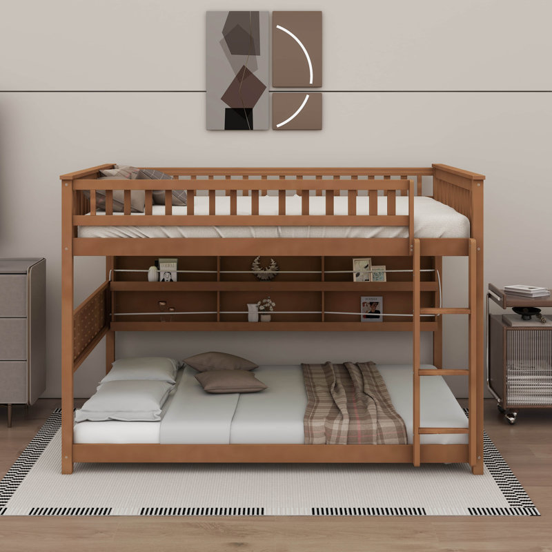 Lit superposé double au-dessus de double avec tablettes intégrées, lumières à changement de couleur et panneau perforé, Brun