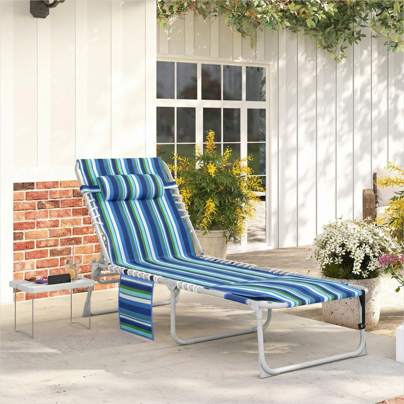 Chaises longues avec design pliant, combinant acier rayé bleu avec rangement et conception réglable