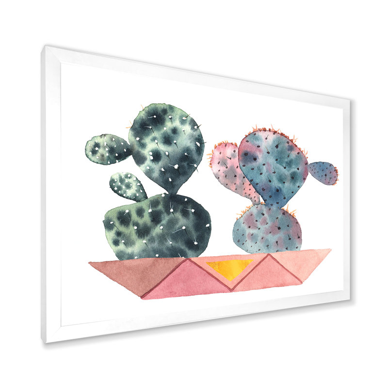 Duo de cactus dans des pots géométriques roses - Peinture sur toile, H 30 po x l 40 po x 1,5 po, Cadre photo blanc