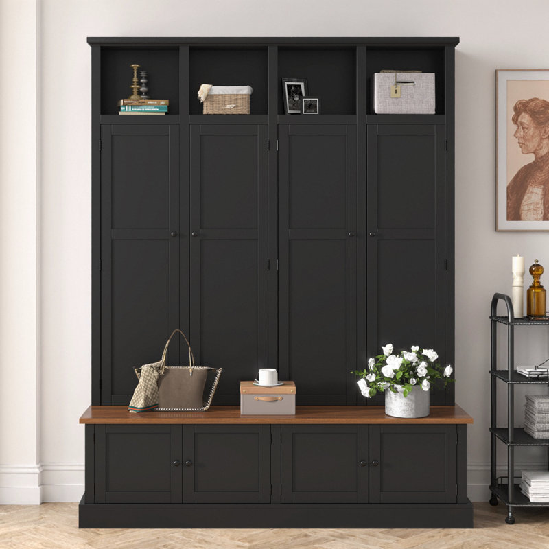 76.7" Farmhouse Hall Tree with Bench & Cabinet, 4-in-1 Entryway Organizer with Coat Rack, Open Cubbies, Hooks & Enclosed Storage, Freestanding MDF Cabinet for Hallway, Living Room