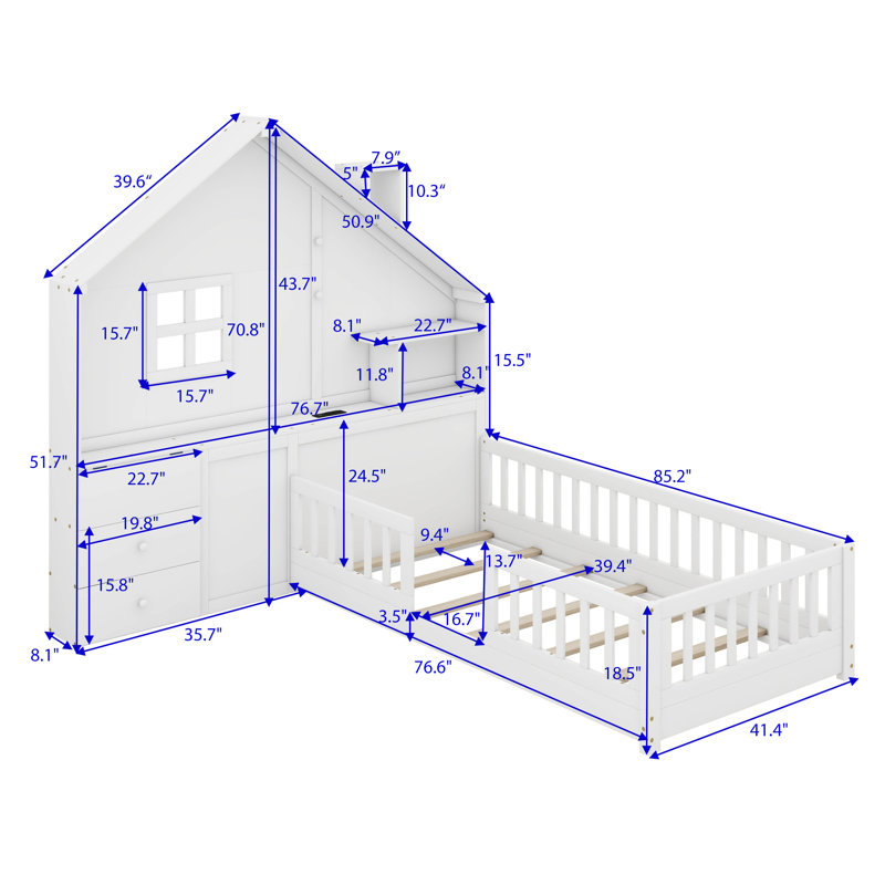 Helis House Bed with Window and Bedside Drawers, White, Twin
