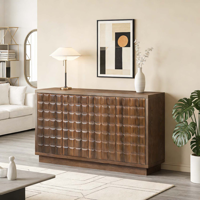 Armoire de rangement moderne à 4 portes avec portes géométriques 3D, Brun