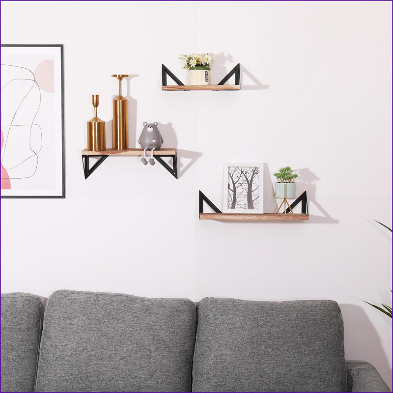 Floating Shelves Set of 3, Rustic Natural Wood Wall Mounted Shelves | Natural Wood | Metal &amp; Wood