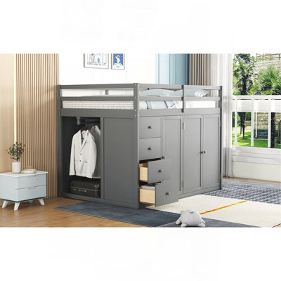 Full Size Wood Loft Bed With Built-in Wardrobes, Cabinets and Drawers