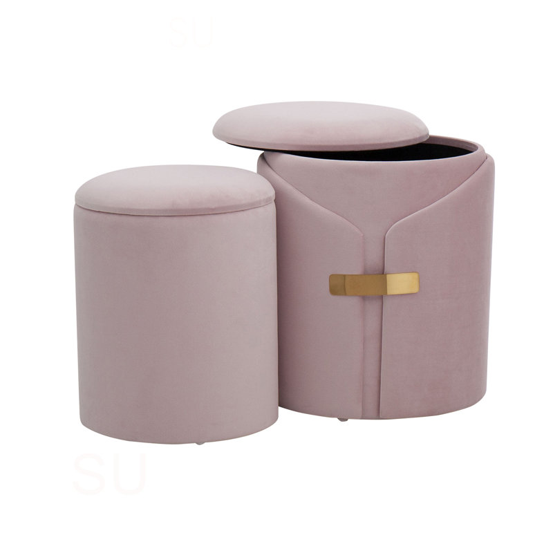 Dahlia Contemporary/Glam Nesting Ottoman Set In Velvet With Gold Metal Accent Pieces By, Pink