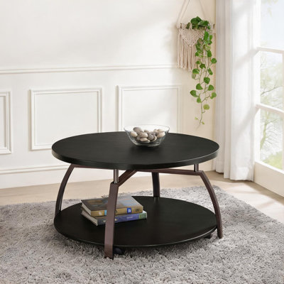 Round Coffee Table with Deep Black and Dark Grey Finish, Lower Shelf and Casters, for Living Room