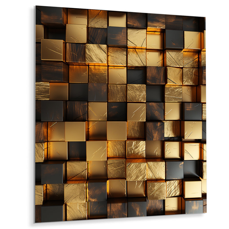 Cubes abstraits noirs et dorés I - art mural géométrique en métal, H 20 po x l 12 po x P 1 po