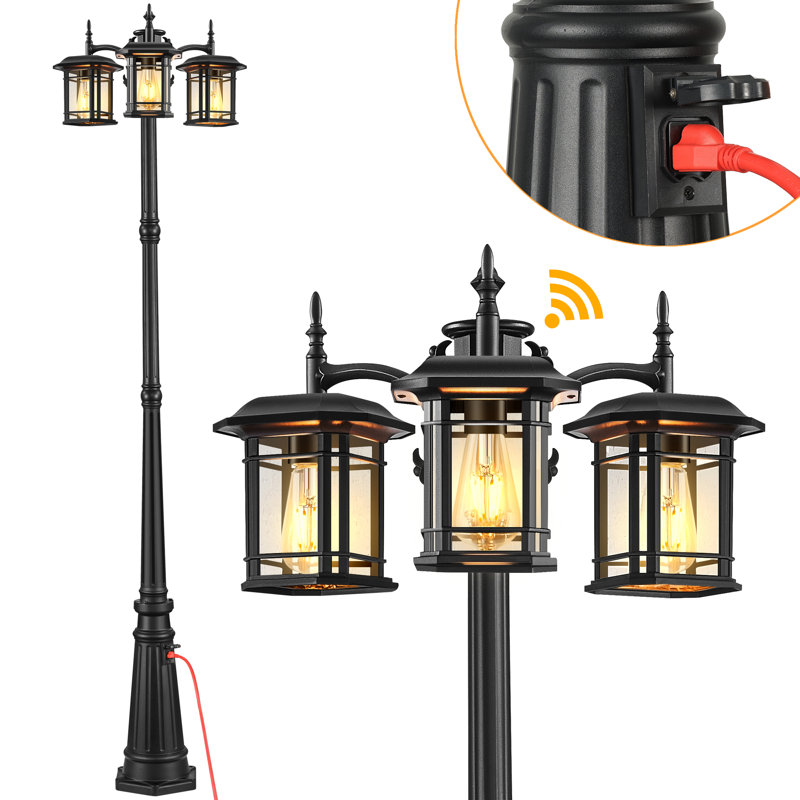 3-Head Outdoor Lamp Post Light with Outlet, Black Dusk to Dawn Street Light Pole for Garden
