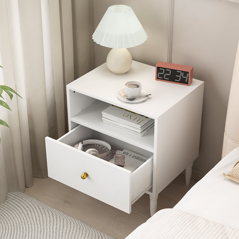 Table de chevet blanche moderne avec tiroir et tablette ouverte, table de chevet avec bouton doré, pieds en bois massif, petite table de bout pour la chambre à coucher, salon