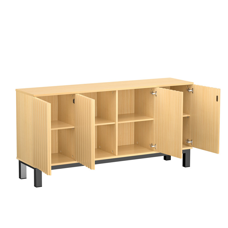 Armoire de rangement en noyer avec quatre portes cannelées, construction et sangles pour le salon de la cuisine, conception sécuritaire
