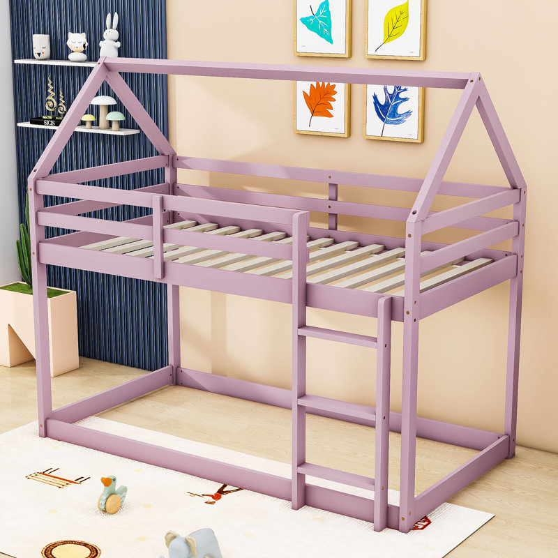 Twin Over Twin House-Shaped-Bunk Bed With Guardrails And Ladder, Pink