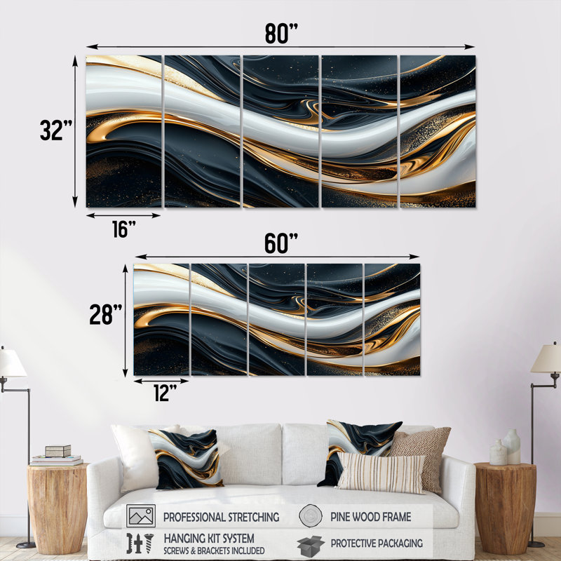 Captivating Gold and Black Marble II - Abstract Modern Waves, impression d'art mural, H 32 po x l 80 po