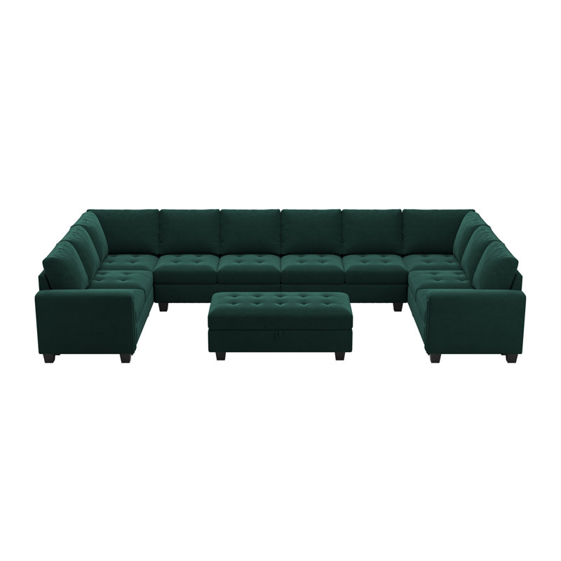 Shavera 155.8" W Velvet Upholstered 8-Person Sectional with Ottoman, Green Velvet