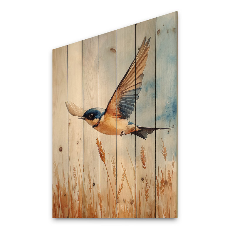 Bird Swallow Over The Fields I - Décoration murale en bois d'oiseau - sur bois de pin naturel, H 20 po x l 10 po x P 0,78 po
