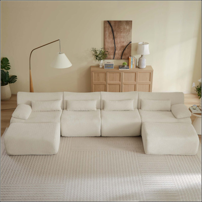 Canapés modulaires pour salon, canapé convertible en U avec repose-pieds, Cream Corduroy