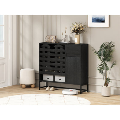 45.1-Inch, Black Woven, Accent Cabinet, Arched Doors, Adjustable Storage, Living Spaces, Home Decor Entryway