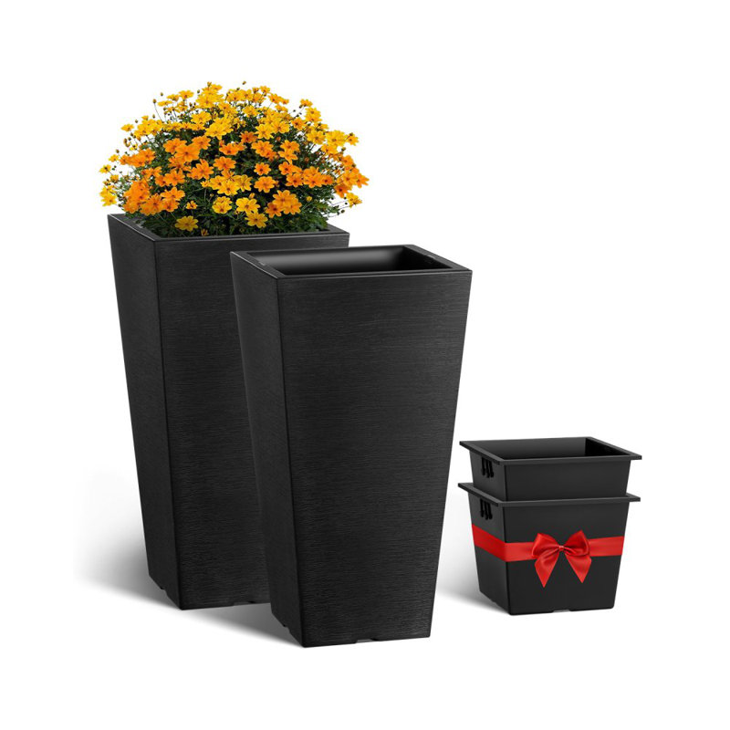 Tall Outdoor Planters 22inch, Large Planters for Outdoor Indoor Plants, Black Front Porch Planters Flower Tree Plant Pots with Modern Design and Built-in Drainage