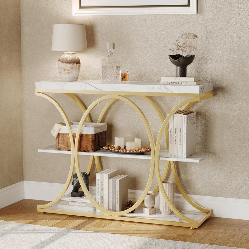 39" Narrow Industrial Console Table with 3-Tier Storage for Entryway, Living Room & Hallway, White/Gold