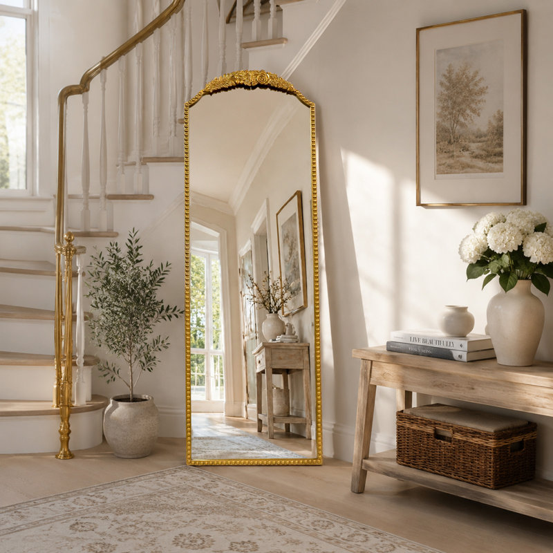 Miroir pleine longueur rétro rétro arqué doré avec support, 65 po x 22 po, Bright  Gold