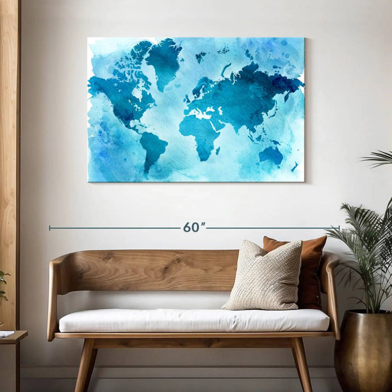 Carte du monde bleue rétro Aliaz, H 30 po x l 45 po
